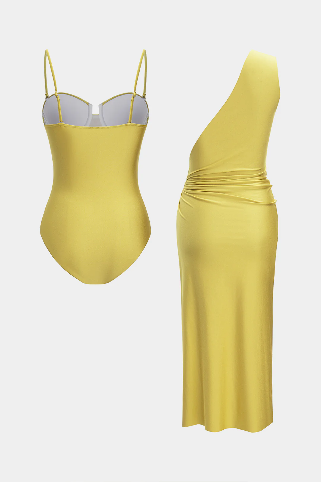 Solid One Shoulder Asymmetrical Ruched Cut Out Bikini Set - Image 9