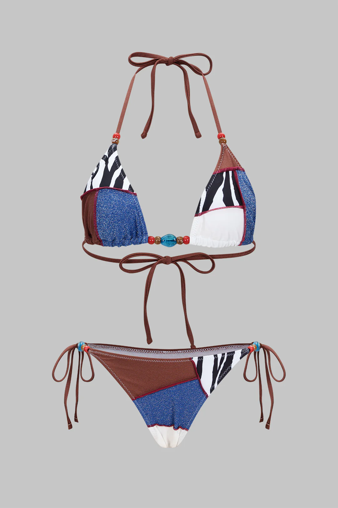 Color Block Print Textured Patchwork Halter Tie-Up Bikini Set - Image 6