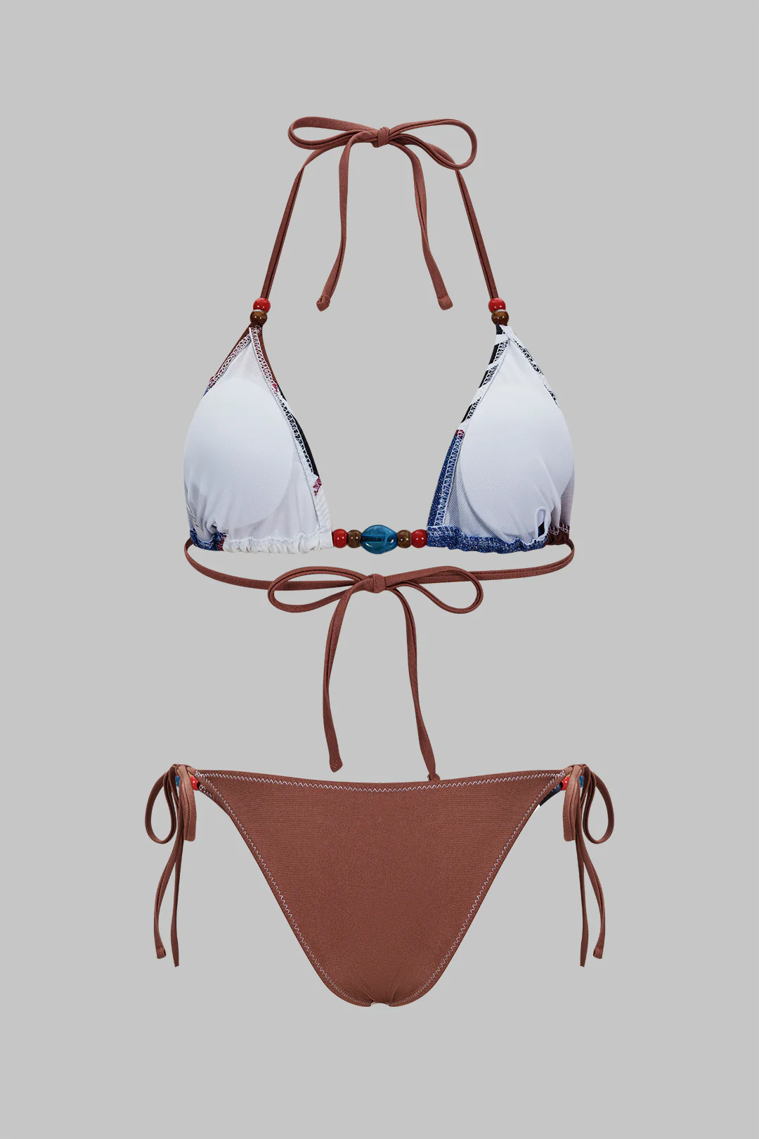 Color Block Print Textured Patchwork Halter Tie-Up Bikini Set - Image 7