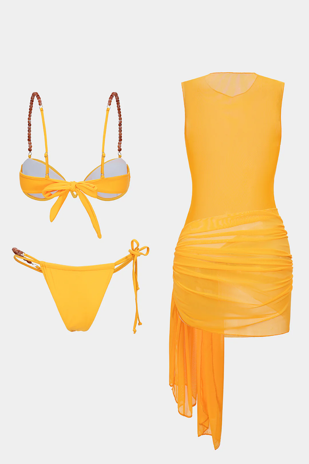 Mesh Patchwork Beaded Ruched Tie-Up Bikini Set - Image 12