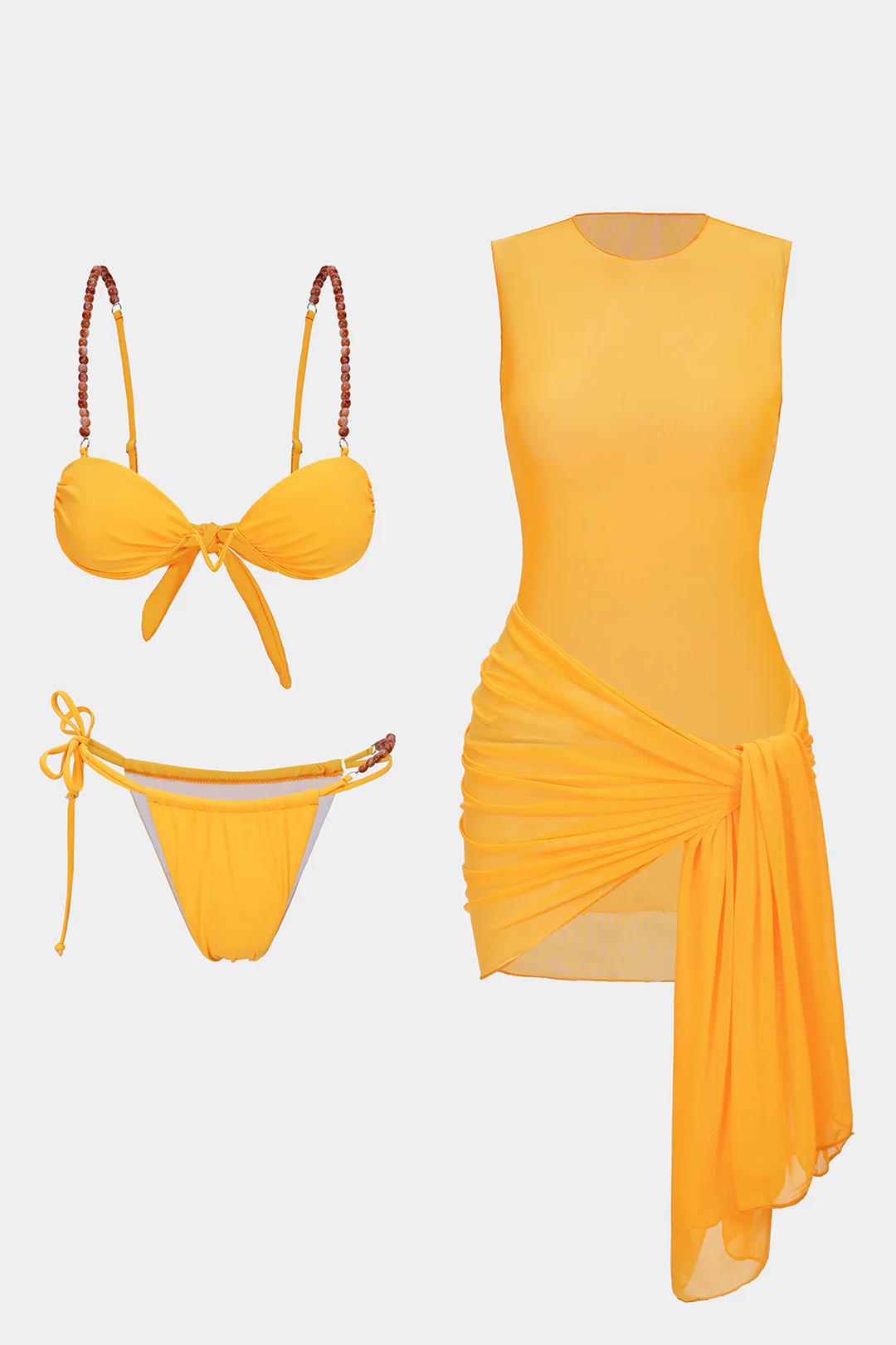 Mesh Patchwork Beaded Ruched Tie-Up Bikini Set - Image 6