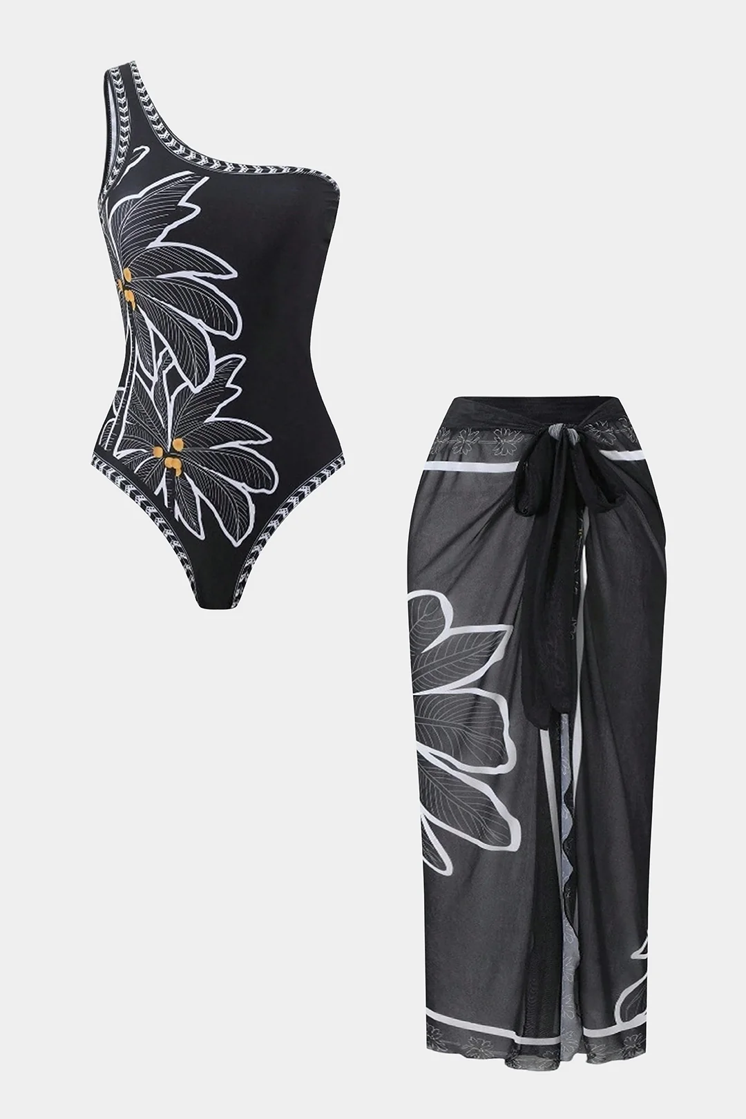 Floral Print Chiffon Patchwork One Shoulder Tie-Up Bikini Set