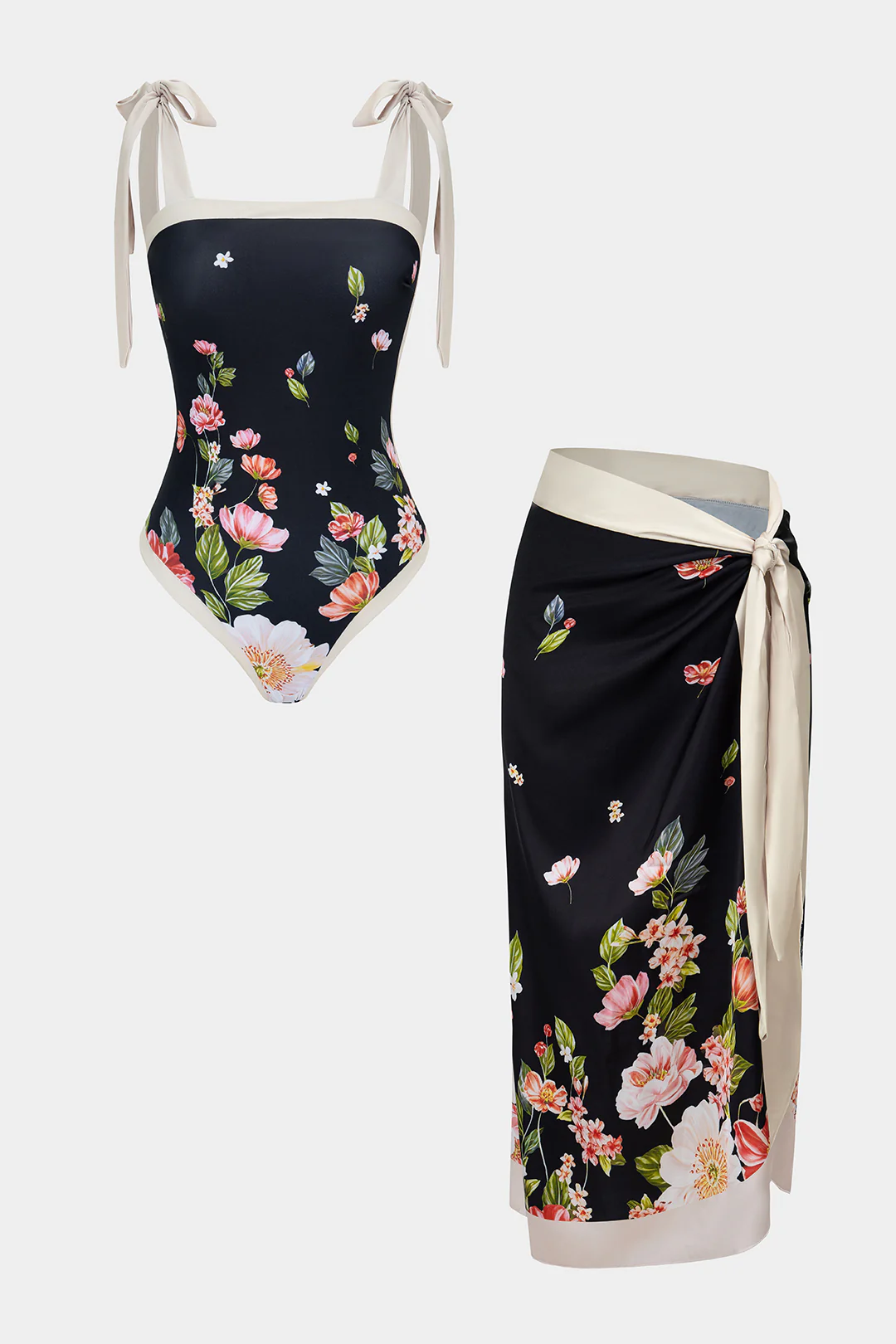Contrast Floral Print Tie-Up Bikini Set