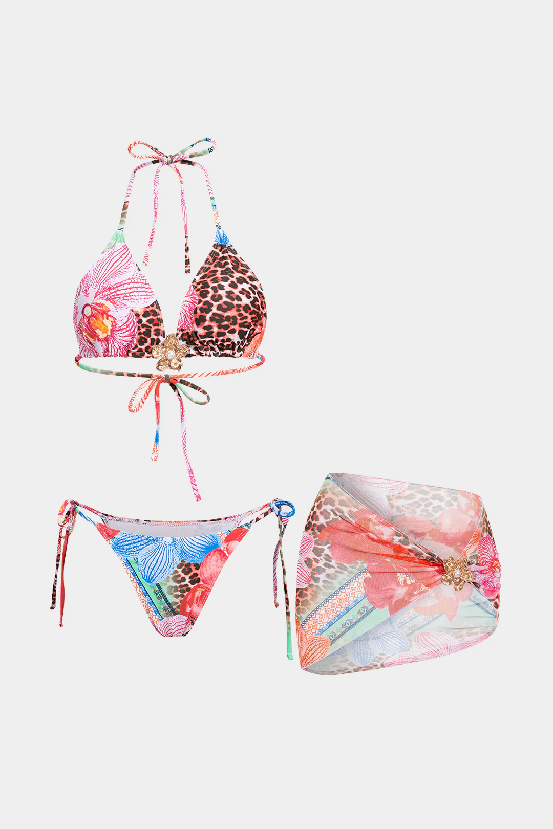 Floral Print Mesh Tie-Up Bikini Set