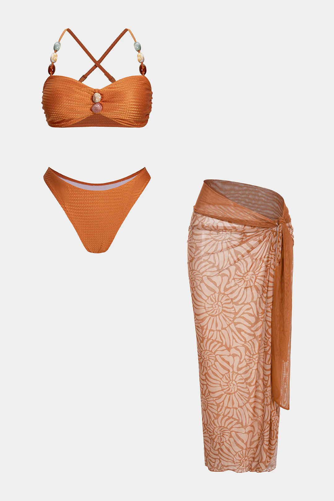 Floral Print Mesh Patchwork Beaded Crossed Bikini Set - Image 6