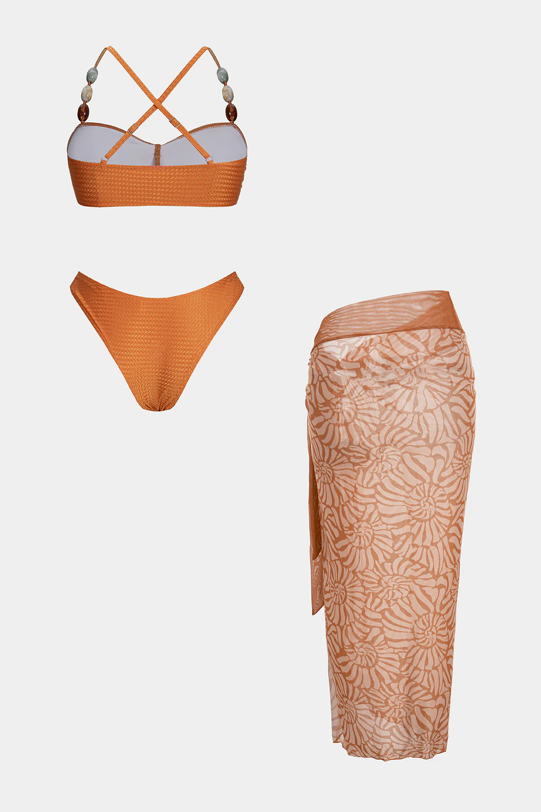 Floral Print Mesh Patchwork Beaded Crossed Bikini Set - Image 7