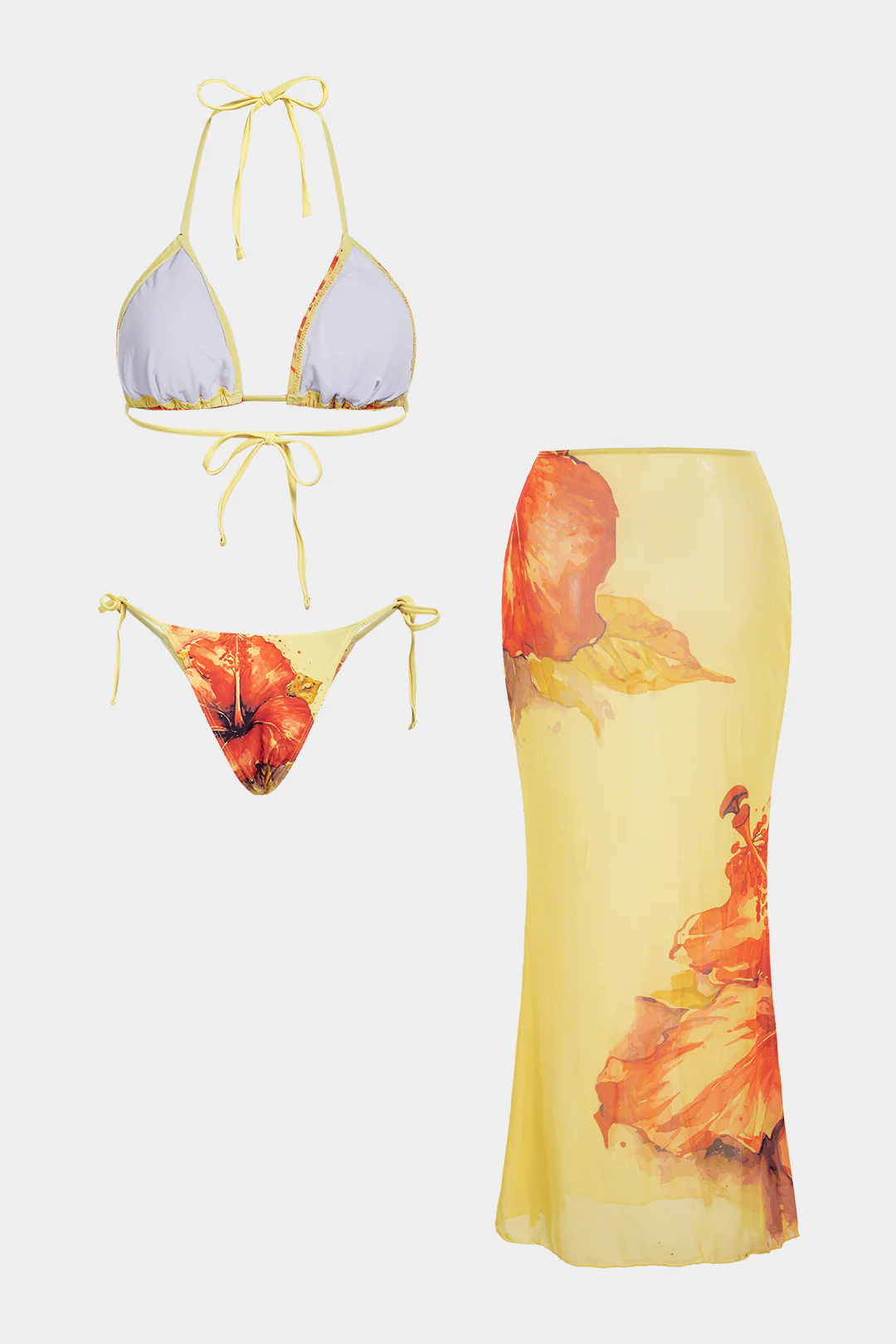 Floral Print Mesh Patchwork Halter Tie-Up Bikini Set - Image 2