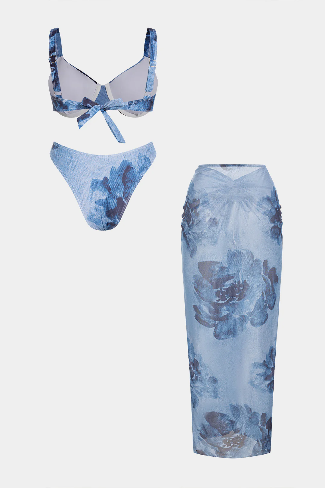 Floral Print Mesh Halter Ruched Bikini Set - Image 2