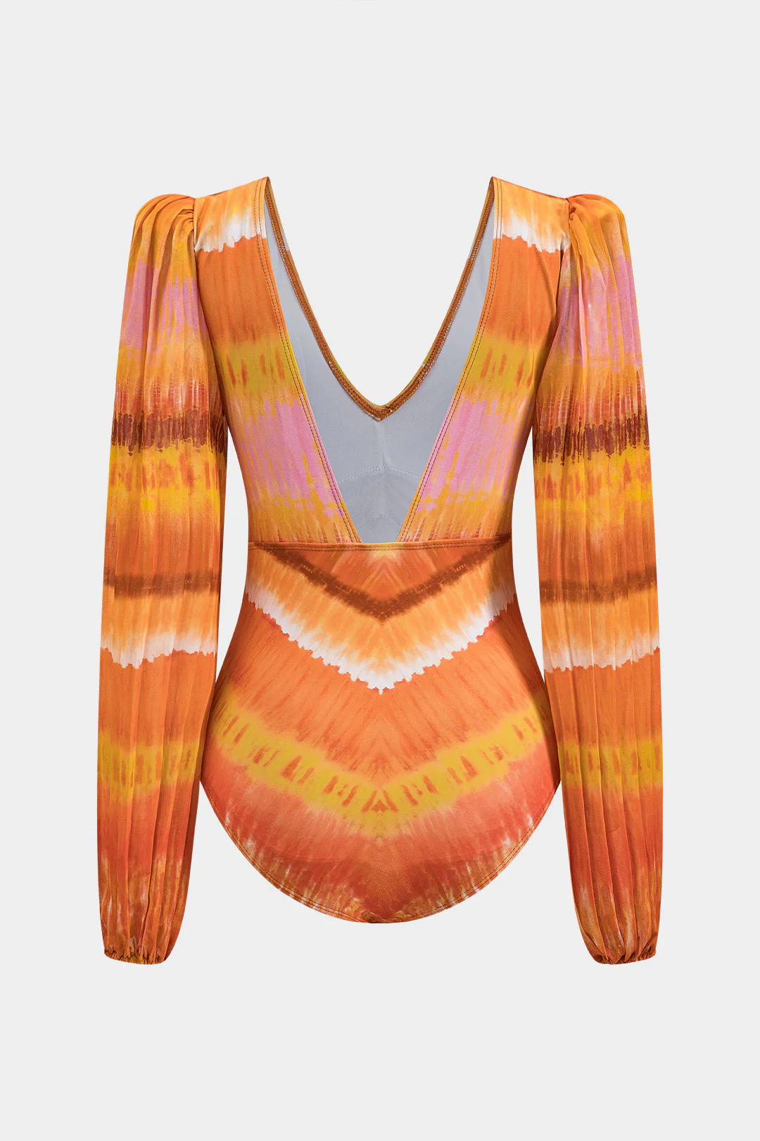 Ombre Print Chiffon Ruched Backless V-Neck One-Piece Swimsuit - Image 2