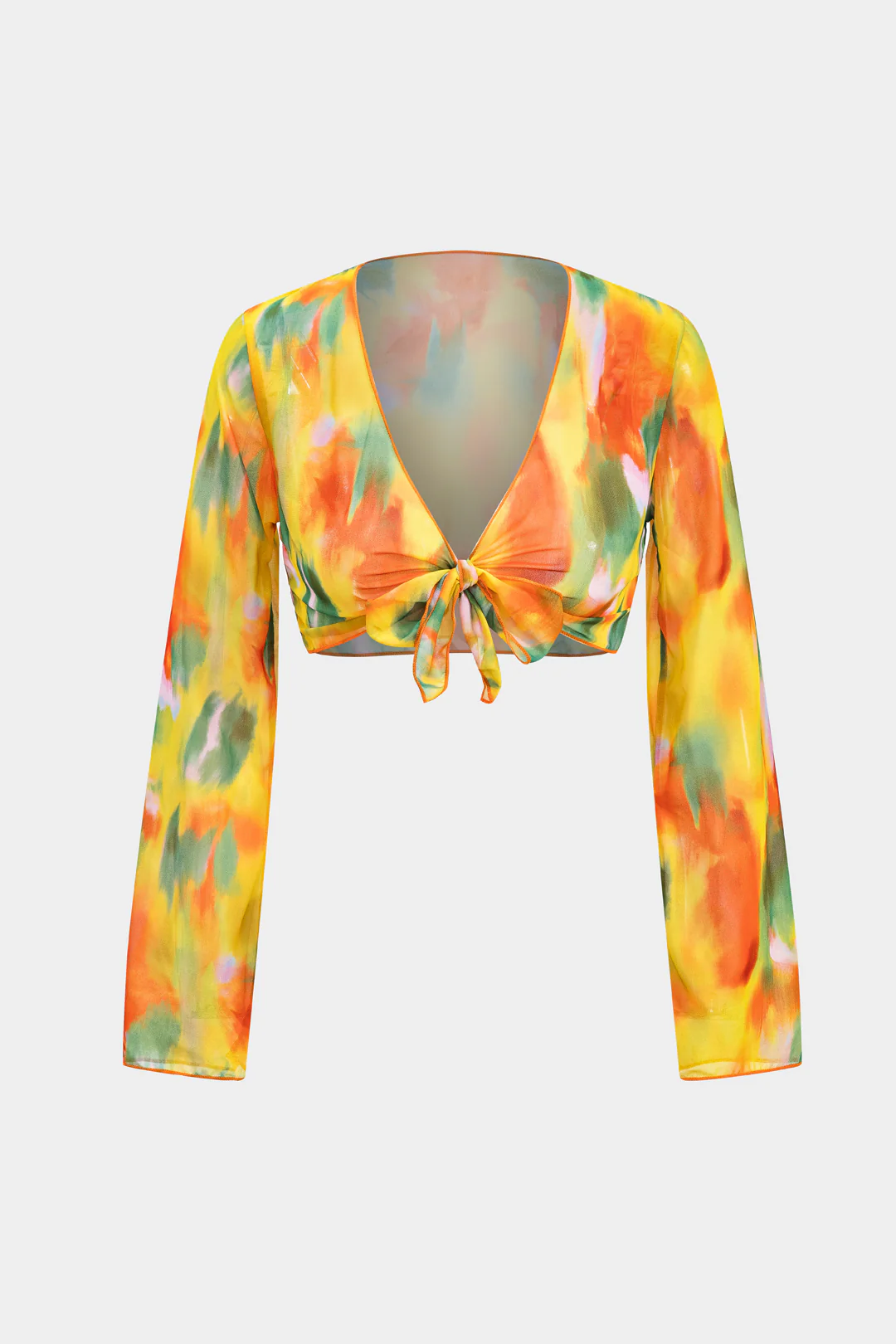 Watercolor Print Chiffon Tie Front Long Sleeve Top And Wide Leg Pants Set - Image 4